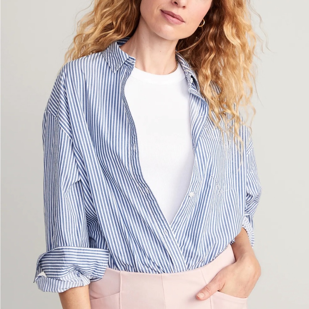 Boyfriend Fit Mini Blue Striped Button Down NWT